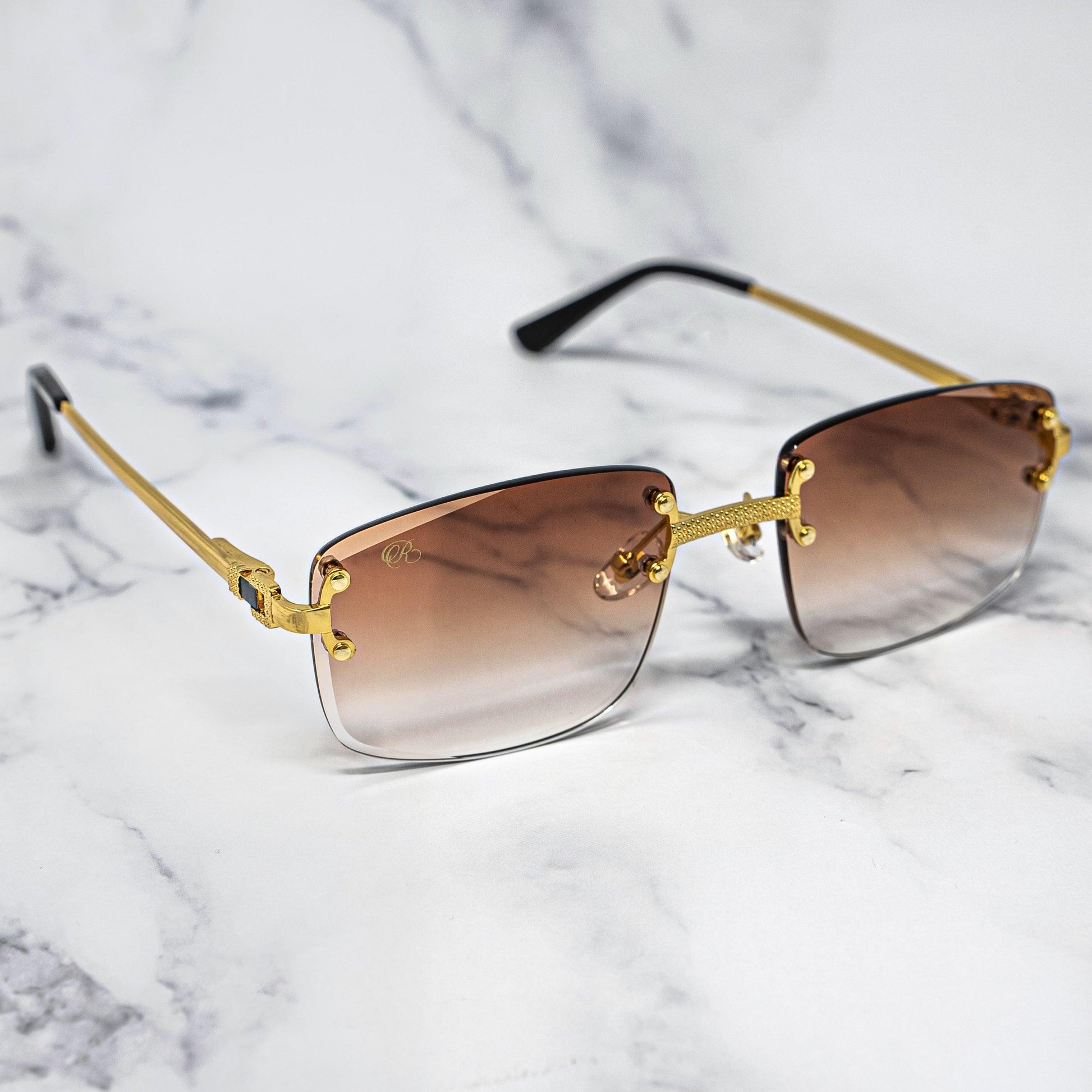 Brown Tint Rimless Sunglasses - The Motto II - Cognac Gold